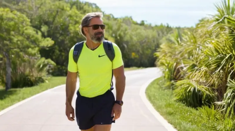 Juan Dual, un hombre de 35 años, corre por un sendero empedrado con vistas a árboles sombreados