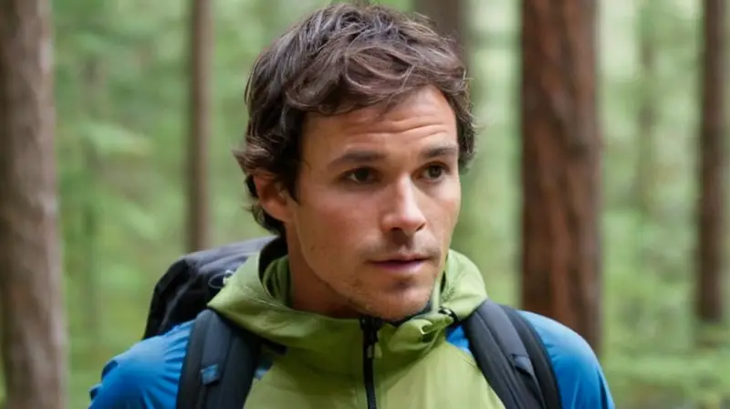 Scott Jurek, un atleta experimentado del exterior, está parpadeando en un pedestal de madera, con expresión intensa, rodeado por la rica vegetación de un bosque primario