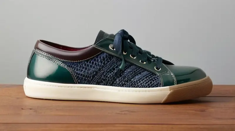 Una zapatilla oscuro verde Karacal está sentada sobre un piso de madera desgastada, mostrando detalles precisos y texturas ricas