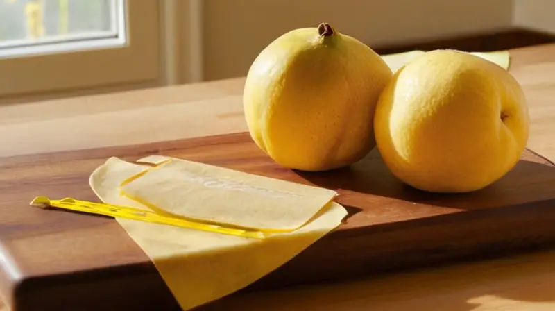 Una cuchara de madera con una quince cortada en un tablero de madera rugosa sobre una mesa campesina bañada por la luz del sol