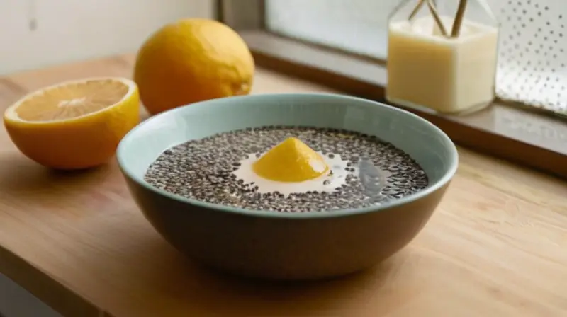 Una cocina blanca con detalles como una tabla de madera y un recipiente de chía con fruta