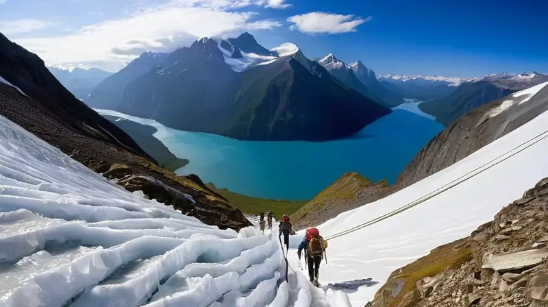 Un escenario montañoso con cimas cubiertas de nieve y contrastes entre luz solar tibia e hielo glacial bajo un cielo claro