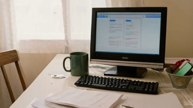 Una mesa desgastada posse un cuadro alejado con papeles dispersos y una pantalla de computadora encima, bajo la que hay café manchando una mesa blanca