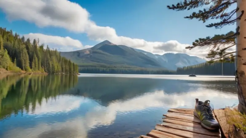 Un hermoso lago de montaña rodeado de coníferas y senderismo, bañado por un suave clima matutino