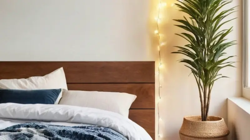 Una habitación tranquila con una cama ydecorada en colores pastel, junto a detalles que crean un ambiente relajante lleno de luz suave