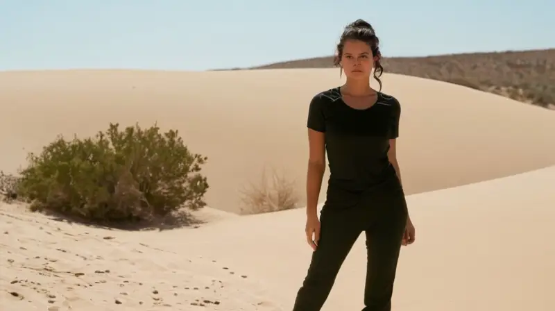 Una mujer de piel oscura se encuentra en un paisaje desértico, rodeada de rocas y dunes de arena que parecen absorber cada rayo del sol