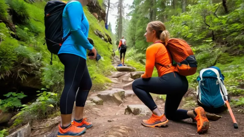 Un grupo de corredores de montaña se reúnen alrededor del fotógrafo para exhibir zapatos fuera en un entorno natural rodeado de árboles gigantes