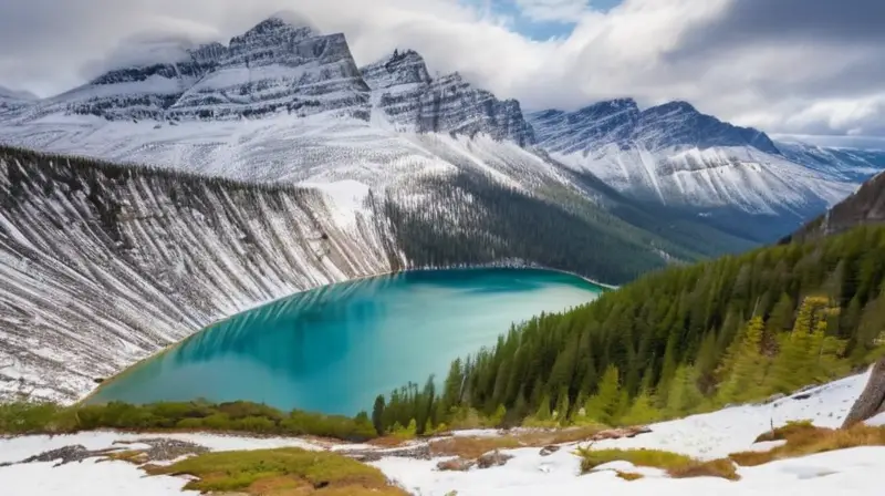 La escena describe un paisaje montañoso nevado con un lago helado y un puente romántico rodeado de árboles verdes y una catarata próxima