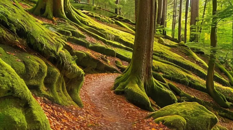 Un paisaje montañoso ofrece un escenario de árboles verdes y rósendos rodeados de rocas y pequeñas piedras