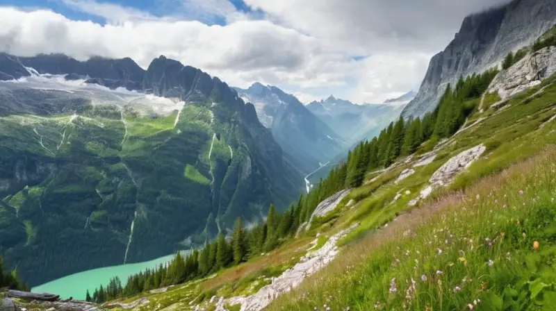 Entre montañas neblinosas se encuentran la entrada de un sendero y la valle de Chamonix con las casas del pueblo agrupadas en medio de bosques densos