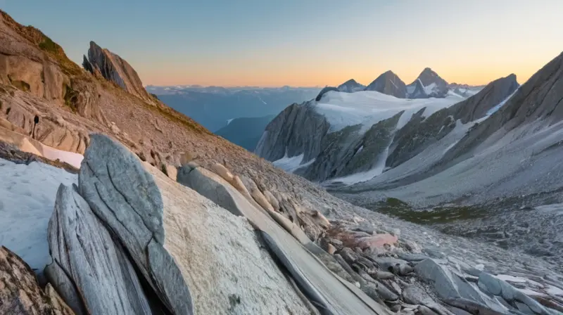 Un paisaje montañoso con bosque de coníferas y rocas graníticas rodeado por glaciares y cascadas en las laderas del Monte Blanco