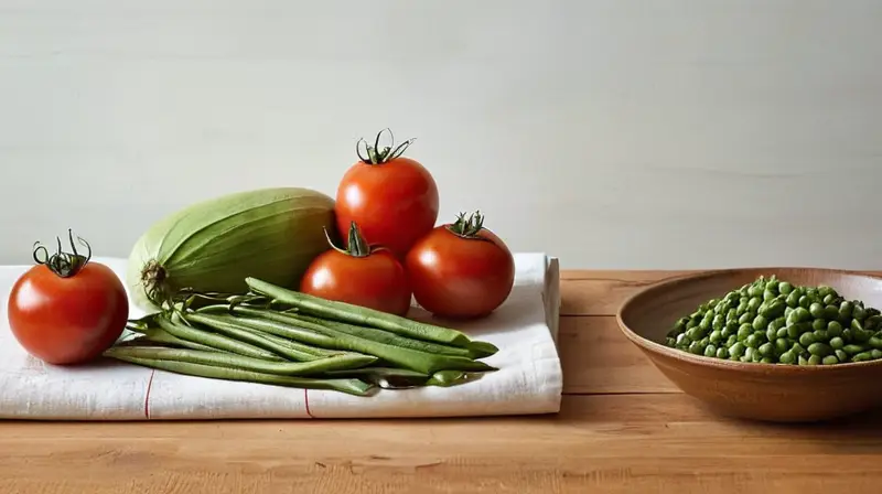 Un table centerpiece con ingredientes frescos y utensilios de cocina sobre una mesa rustica en la luz cálida del verano