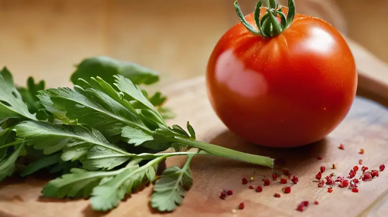 Una deliciosa tomate roja reposa sobre un cuchillo de madera en una superficie granítica y fresca