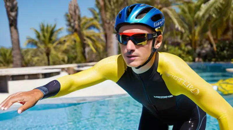 Leo Bergeres levanta sus brazos con un gesto triunfal luego de completar un triatlón bajo el sol mediterráneo