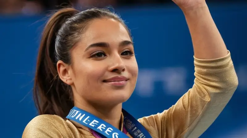 Una atleta joven, con una expresión confiada y sonriendo ligeramente, se encuentra en un podio, rodeada de un público animado que la alaba celebrando su destacó logro