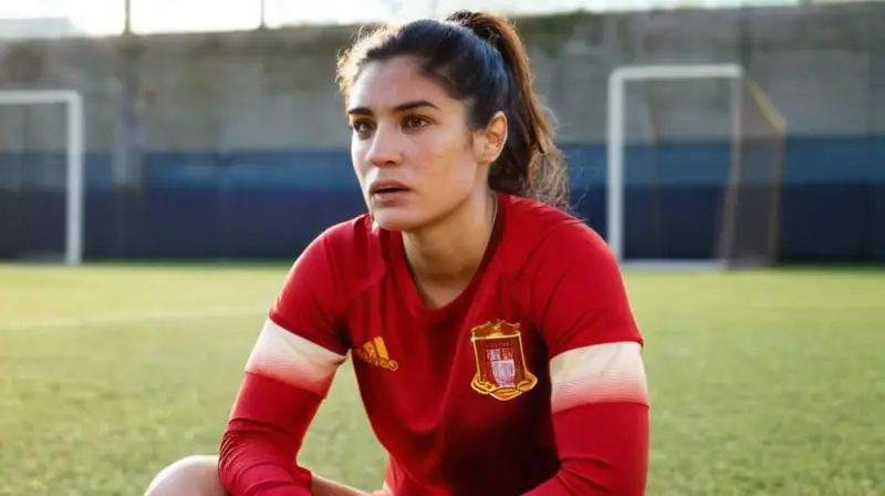 Salma Paralluelo se senta en el campo de fútbol con una expresión determinada