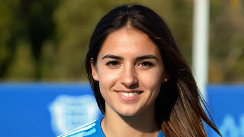 Lidia Campo sonríe intensamente frente al escenario del campo de entrenamiento español con un fondo difuso y poca sombra