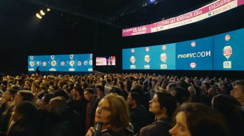 Una multitud densamente apretada de personas está rodeando un enorme pantalla LED con imágenes de una final de fútbol mientras observan y interactúan entre sí