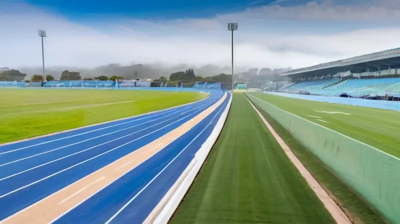 Un estadio de hormigón gris con asientos ligeramente desgastados sobre una pista rectangular recta y unos alrededores verdes perfectamente cortados