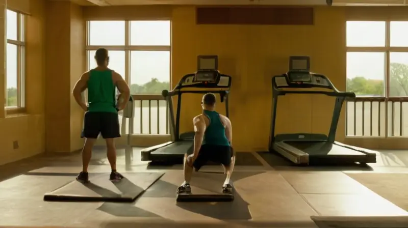 Una sala de entrenamiento con paredes de concreto expuesto, alfombra sucia y pesas, junto a tres espejos iluminados