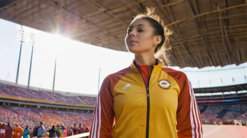 La escena muestra a una atleta desempeñándose activamente en un estadio de atletismo bañado por la luz solar y rodeada del ruido y emoción del público