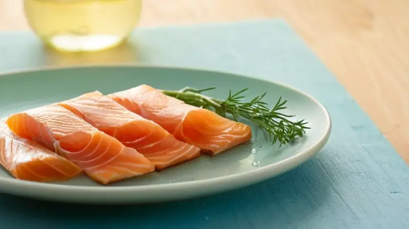 Una foto serena de salmonete ahumado en un plato de madera brillante sobre un fondo azul-verdoso, con una botella de vino blanco frío al lado