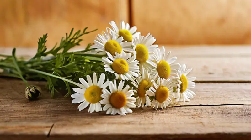 Una maceta de flores de manzanilla sobre madera se ilumina con luz suave y calmada