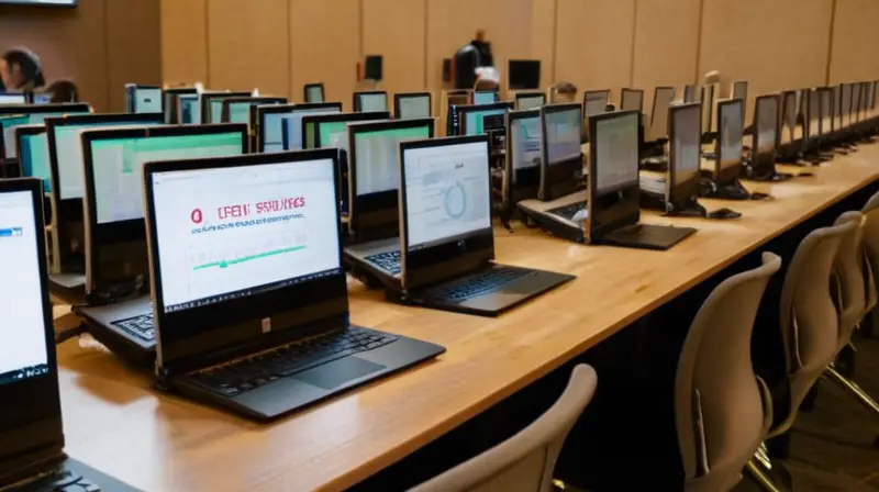 La sala de prensa está llena de periodistas concentrados trabajando con laptops y equipos de alta techonología bajo la luz fluorescente