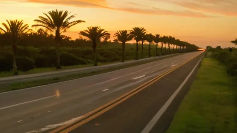 Una carretera desierta se extiende bajo la luz del atardecer, con poca circulación y ciudades extendidas en todas las direcciones