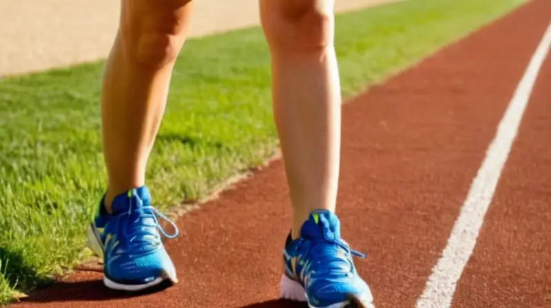 Un corredor se encuentra en una pista de atletismo con un fondo visiblemente deteriorado y sombras largas que se extienden bajo la luz del sol