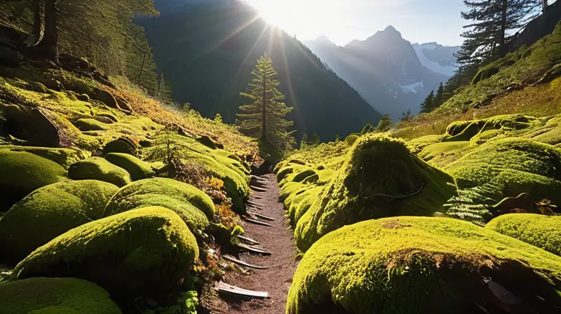 Un senderista se aprecia a contraluz frente a un paisaje montañoso majestuoso y envuelto en neblina