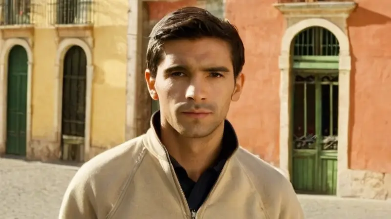 Un joven varón se muestra de frente con un fondo de un barrio antiguo de Madrid, vestido con ropa deportiva de época y sin bigote