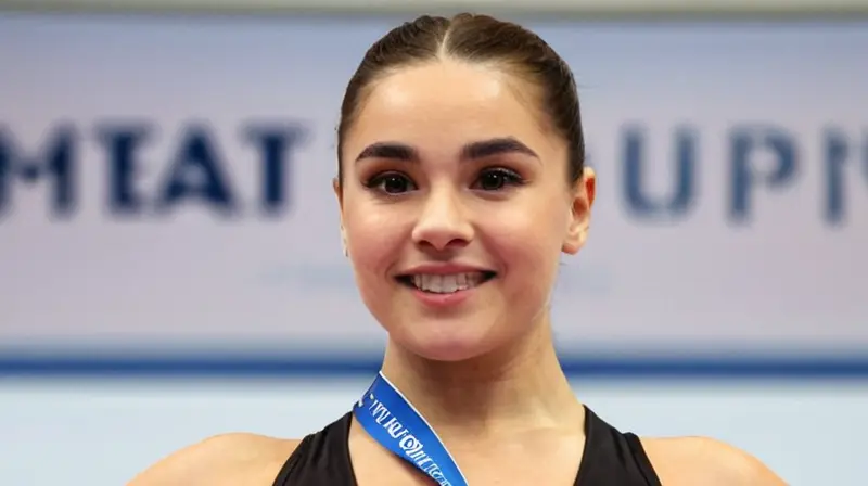 La joven gimnasta española se alza victoriosa, rodeada de luz y admiración, su cuerpo elegante y destacado en un momento de gloria