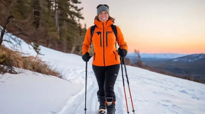 Una mujer se para en un camino rodeada de nieve, dispuesta a ir de Nordik con un kit encima y dos varas en la mano