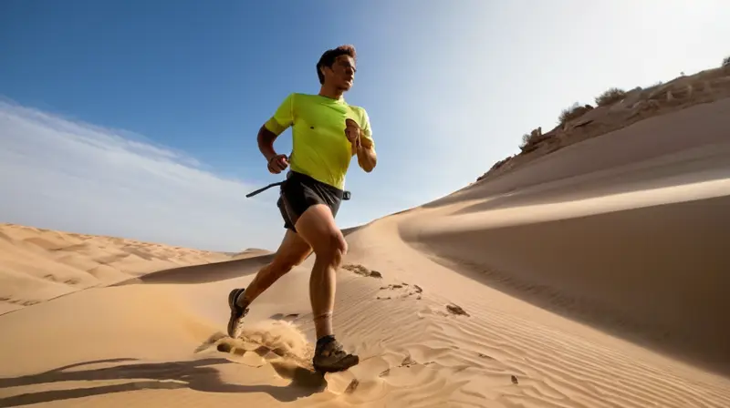 Carlos Sa corre a lo largo de una vasta llanura arenosa y rocosa bajo un sol creciente