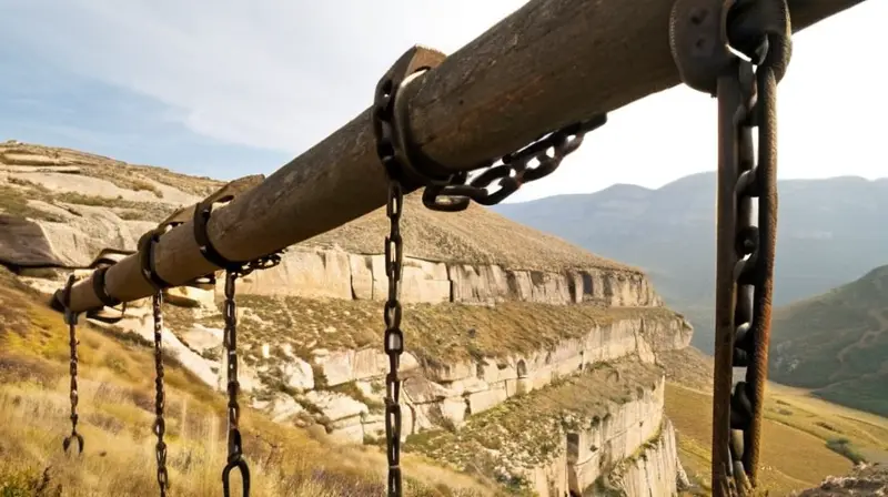 La imagen muestra un paisaje de montaña español con un sendero rocoso y una antigua grúa suspendida en el aire