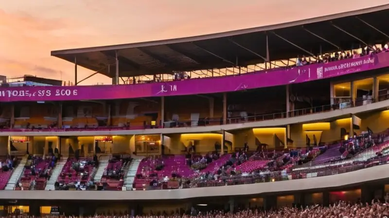 En un estadio de fútbol español, el crepúsculo sumerge la estructura en un ambiente sereno donde se mezclan los colores cálidos del atardecer