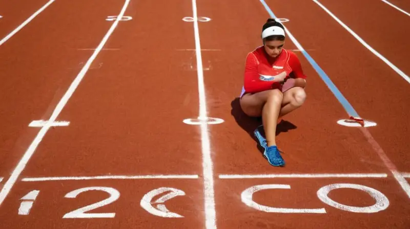 Un grupo de atletas se prepara para una carrera de 400 metros en un estadio cubierto por la luz del sol cálido