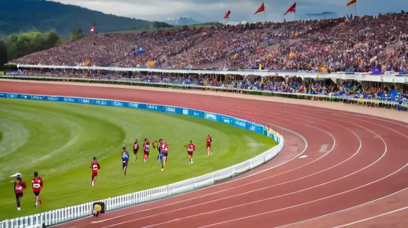 Una foto enmarcada de atletismo muestra, bajo luz del crepúsculo, a los corredores surcando una pista con colores vibrantes