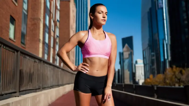 Una atleta femenina corre con expresión determinada y un físico atlético