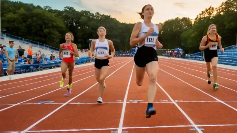 Un atleta sudado presiona su cara contra la superficie rugosa de un temporizador mientras se produce una competencia atlética bajo la luz de la puesta de sol en un estadio al aire libre