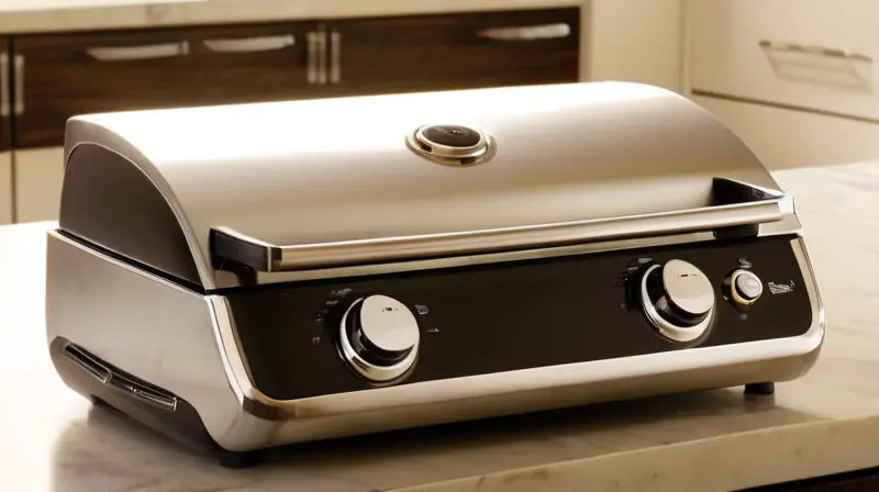 Un pequeño grill de acero inoxidable brillante se destaca sobre una encimera blanca en un entorno cocina minimalista, bajo la suave iluminación cálida