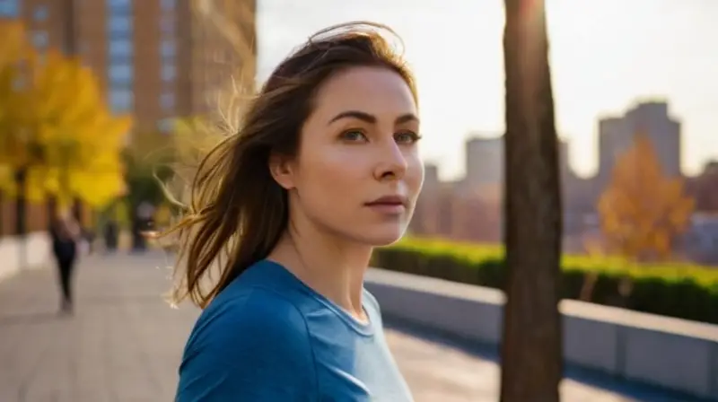 Una joven fitness-entrenada se prepara para correr en un clima soleado y urbano