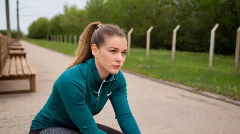 Una mujer fitness y con expresión determinada se sienta en un banco exterior con una revista de entrenamiento en la mano