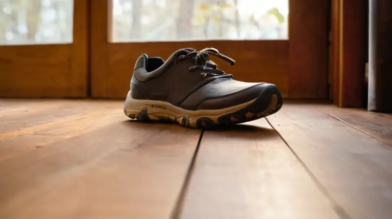 Un par de zapatos Merrell descansan en un piso de madera con claras Huellas de uso previo