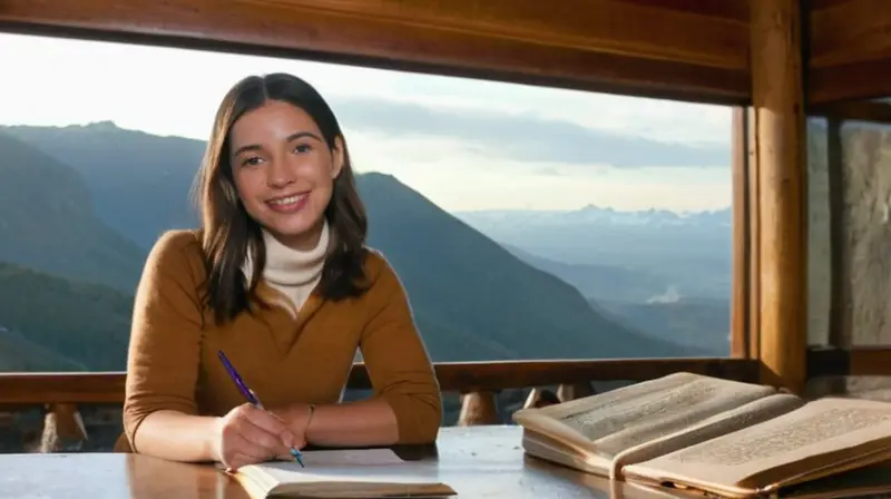 La fotografía de Miriam muestra una joven sonriente contra un fondo de montañas neblinosas, capturada con detalles minuciosos y texturas naturales