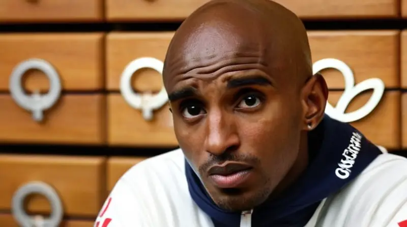 Mo Farah está sentado en una bancada de madera con una expresión introspectiva