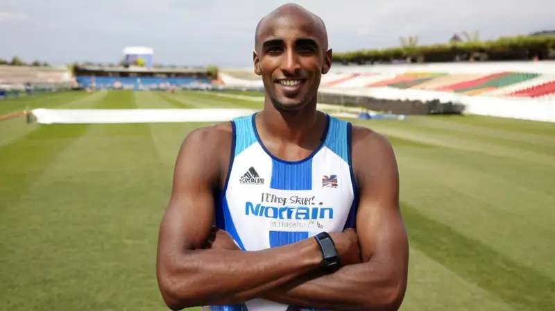 Mo Farah se encuentra relajado con los brazos cruzados y un abrigo deportivo blanco que destaca su físico atlético y destacan sus rasgos faciales marcados