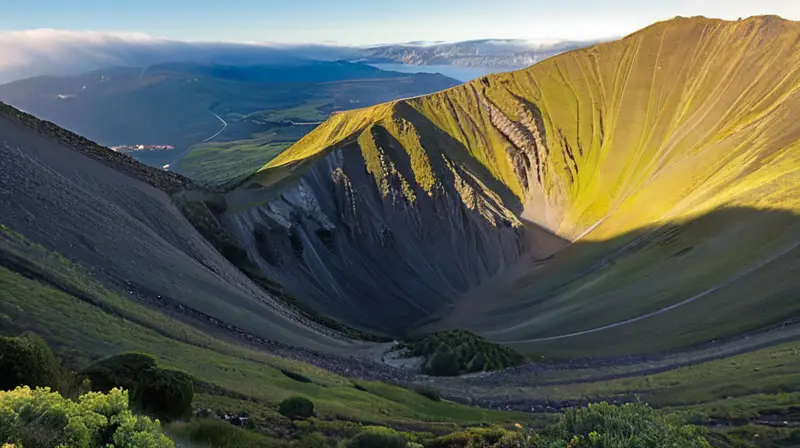 El volcán Etna es una montaña imponente con una cima cubierta de nieve y un paisaje áspero rodeado por un valle verde y riscos escarpados