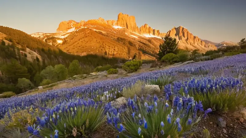 La pintura muestra un paisaje de sierra nevada con montañas acusadas y valles distantes